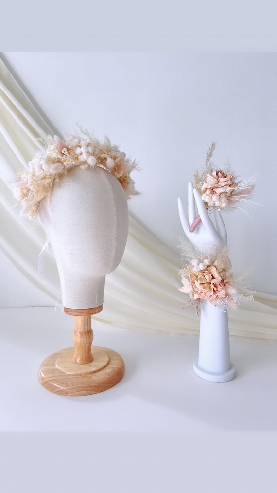Blush elegant dry flower wedding accessories, Blush dry flower tiara, Blush pastel dry flower wrist corsage, Blush dry flower boutonnière,