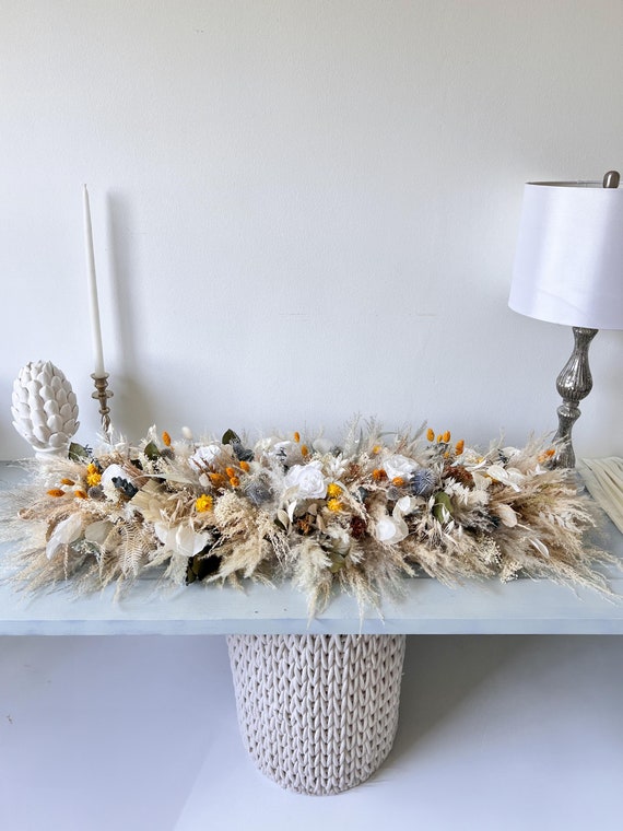 4 ft Long Dry Flower Arrangement, Summer Wildflowers Table Centerpiece, Dried Flowers and Preserved Flowers Long Table Arrangement