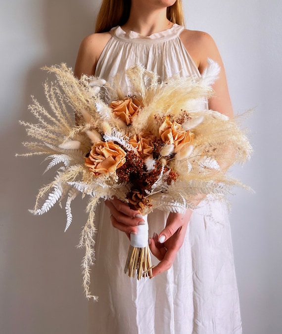 Neutral Pastel tone Bridal Bouquet, Dry Flowers bouquet for Wedding, Bride and Bridesmaid bouquet, Eternal rose wedding bouquet