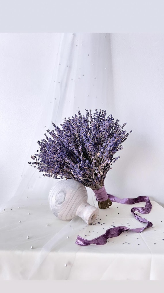 Dried English lavender bridal bouquet, Dry lavender bridal bouquet, Thin handle dry lavender wedding bouquet, Dark lavender wedding flower