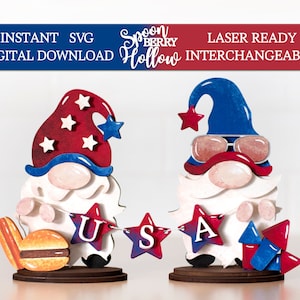 Fichier de coupe SVG gnomes du 4 juillet, interchangeable, fichier instantané SVG à télécharger, bannière des États-Unis, projet de bricolage prêt pour le laser, cadeau Holiday America Gnome