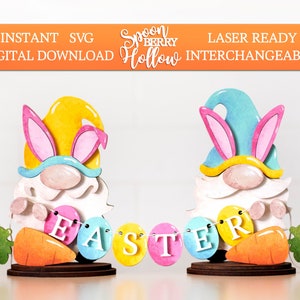 Gnomi di Pasqua SVG Cut, intercambiabili, download di file digitali in legno, orecchie da coniglio, striscione, file tagliati al laser, progetto fai da te, regali, gnomo delle feste