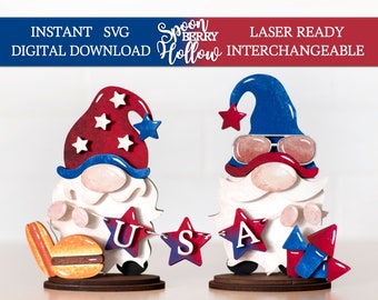 4th of July Gnomes SVG Cut File, Interchangeable, SVG Instant File Download, Usa Banner, Laser Ready DIY Project, Gift Holiday America Gnome