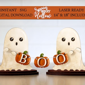 Halloween Ghosts SVG Cut File, SVG Digital Wood Download, Boo Banner, Pumpkins, Laser Cut, Fall Kids DIY Project, Gift, Holiday Shelf Sitter