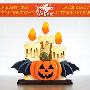 Archivos SVG de velas de Halloween, intercambiables, descarga digital en madera, murciélago de calabaza espeluznante de otoño, listo para cortar con láser, proyecto de bricolaje, regalo, festividades