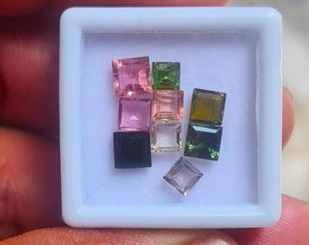 9 Pieces Tourmaline Faceted Gemstone Square Shape 4-5 MM Tourmaline Cut Stone, Natural Multi Color Tourmaline Loose Stone