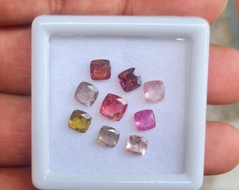 9 Pieces Tourmaline Faceted Gemstone Cushion Shape 5-6 MM Size Tourmaline Cut Stone, Natural Multi Color Tourmaline Loose Stone