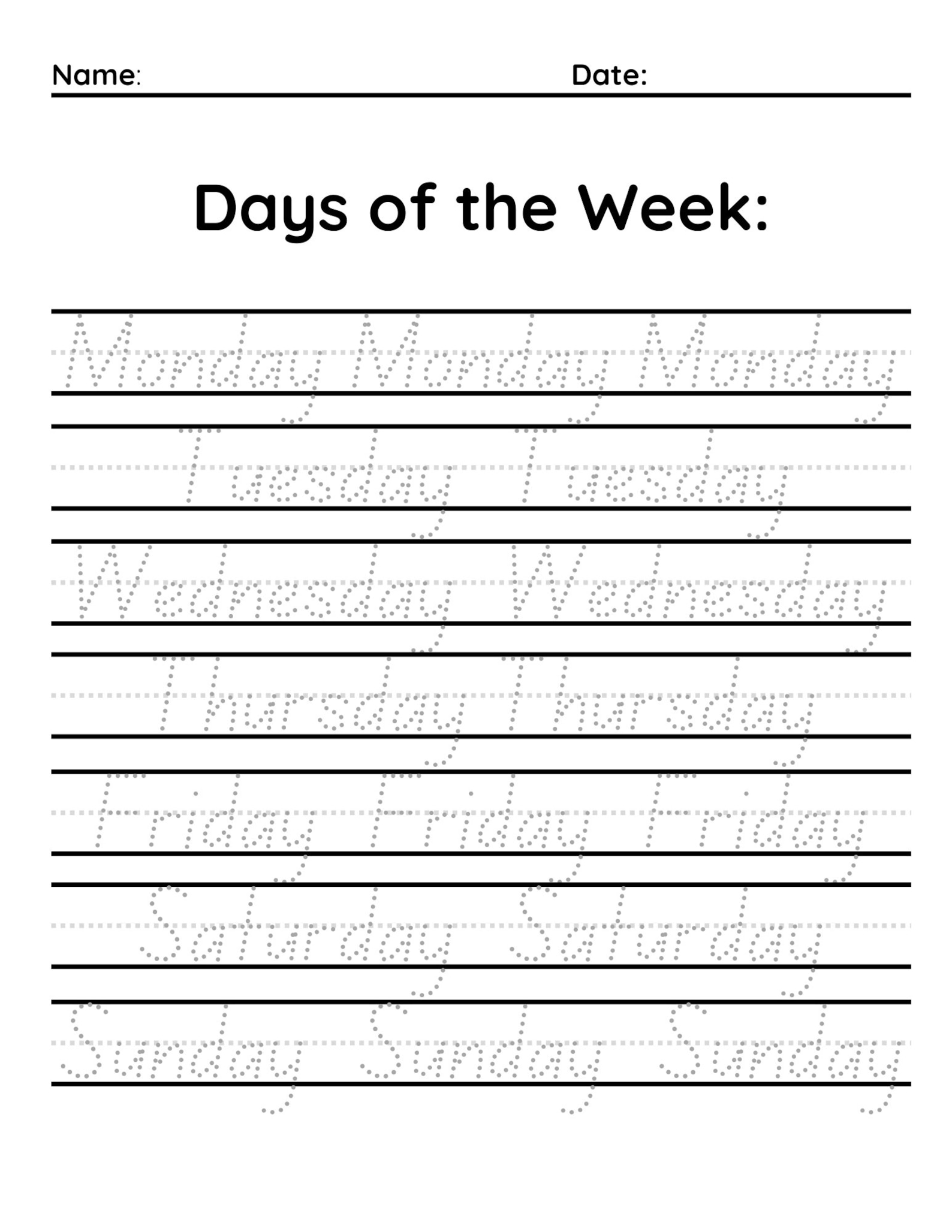 Days of the Week Tracing / Printable Downloads for Pre-k &amp; Kindergarten ...