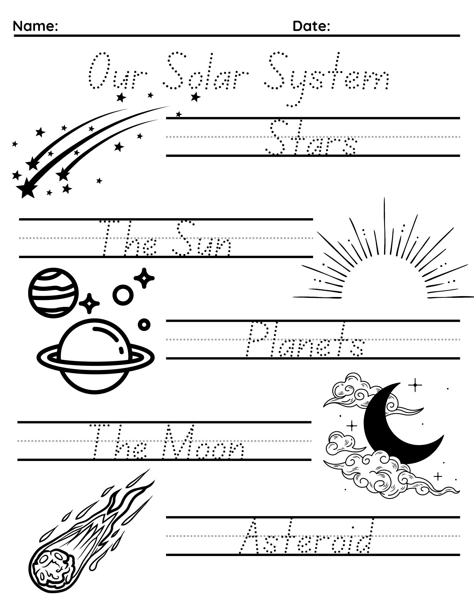 Fun Solar System Tracing and Coloring / Printable Worksheets / ABC