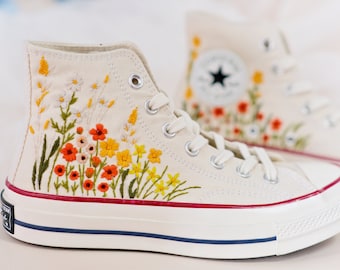 Custom Converse Chuck Taylor Embroidered Garden Flowers Convese Shoes/Sunflower poppy wedding shoes/Unique bridal gift/fall wedding shoes