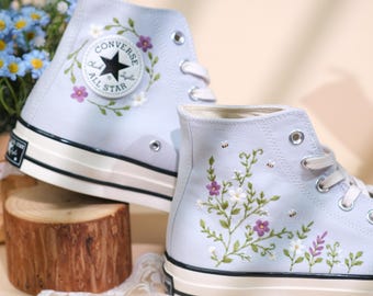 Custom Embroidered High Top Sneakers, Floral Bridal Shoes