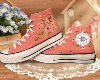 Custom Embroidered Converse High Tops, Sunflower Garden Wedding Sneakers