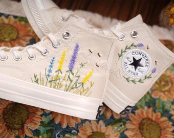 Custom Embroidered Wedding Sneakers, Lavender and Bee Flowers