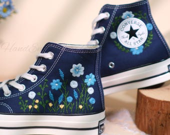 Embroidered Converse Wedding Shoes: Blue Floral Bouquet, Unique Bridal Gift