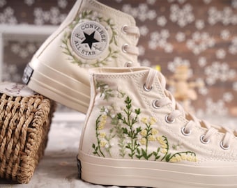 Hand Embroidered Floral Converse Shoes, Custom Wedding Sneakers