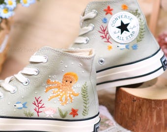 Broderade Converse, Anpassade Ocean Octopus-skor, Dykarpresent