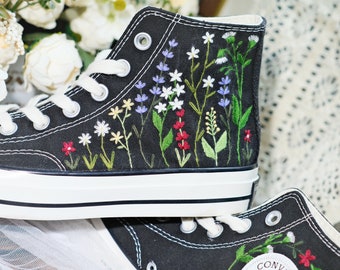 Embroidered Converse/Flower Converse/Custom Converse Pet/Embroidered Converse High Tops Butterfly Cat And Sweet Sunflower Garden