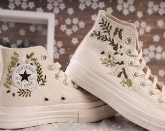Hand Embroidered Converse Chuck Taylor High Tops, Floral Garden