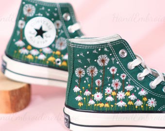 Green Embroidered Converse Wedding Shoes, Floral Bouquet