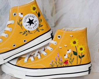 High-necked Converse with embroidered names/Custom Colorful Chrysanthemum Garden/Embroidered Sneakers/Bridal gift/Sunflower and lavender