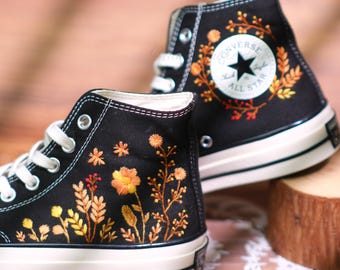 Sage Green Embroidered Converse Wedding Shoes: Autumn Leaves Design