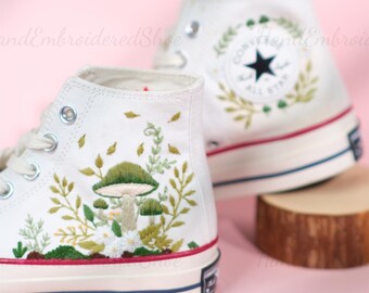 Hand Embroidered Converse Shoes, Sage Green Mushroom Bouquet, Unique Wedding Gift