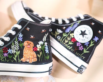 Hand Embroidered Converse Shoes: Golden Retriever & Floral Design