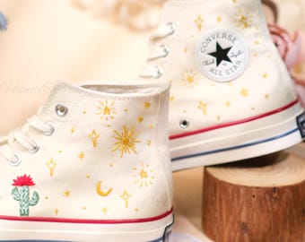 Embroidered Converse Wedding Shoes, Moon & Stars Design Cactus Embroidery Sale Shoes