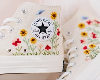 Custom Converse Chuck Taylor Embroidered Garden Flowers Convese Shoes/Custom Sunflower and poppy wedding shoes/embroidered butterflies