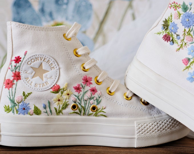 Custom Floral Embroidered Converse Sneakers – White Wedding Shoes