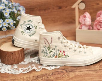 Hand Embroidered Converse Shoes, Floral Bouquet Design