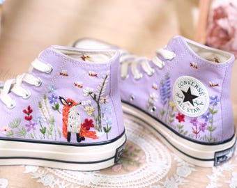 Zapatillas Converse bordadas: Zorro floral personalizado, hechas a mano