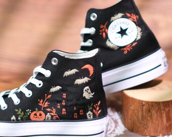 Embroidered Converse Sneakers: Custom Floral, Fox & Mushroom Design