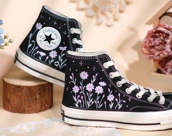 Embroidered Converse Wedding Shoes: Purple gradient daisy blossoms, Custom Bridal Sneakers