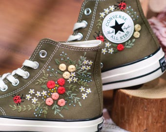 Embroidered Converse Sneakers: Custom Floral, Ladybug Design