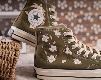 Sage Green Embroidered Converse, Floral Bouquet Wedding Shoes