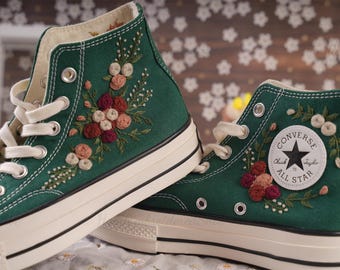 Zapatillas Converse verdes bordadas para boda, ramo de flores, regalo nupcial único