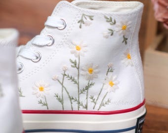 Sage Green Embroidered Converse Shoes, White Floral Bouquet, Wedding Shoes