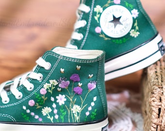 Green Embroidered Converse Shoes: Floral Bee Design