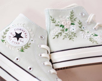 Sage Green Embroidered Converse Wedding Shoes, 3D Bouquet