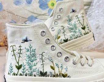 Custom Embroidered Converse Sneakers, Summer Garden Floral Design