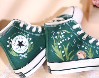 カスタム刺繍コンバーススニーカー：ハリネズミ、花柄ウェディングシューズ