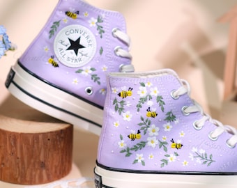White Flowers in the Bee Garden Embroidered Converse Wedding Shoes: Floral Bouquet