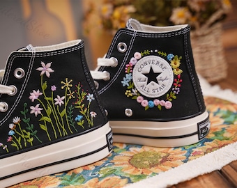 Embroidered Converse Sneakers:  Purple Flower Embroidery
