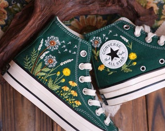 Sage Green Embroidered Converse Shoes, Dandelion Bouquet, Custom Wedding Gift