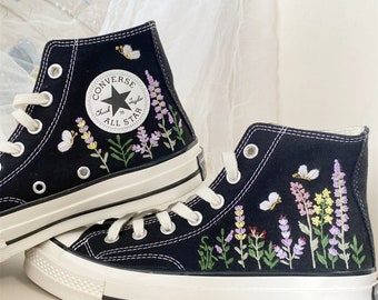 Embroidered Converse/Lavender and butterfly/Custom Colorful Chrysanthemum Garden/Embroidered Sneakers/Converse Chuck Taylor 1970s Embroidery