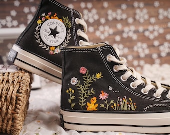 Custom Embroidered Converse Sneakers, Floral Chick Design