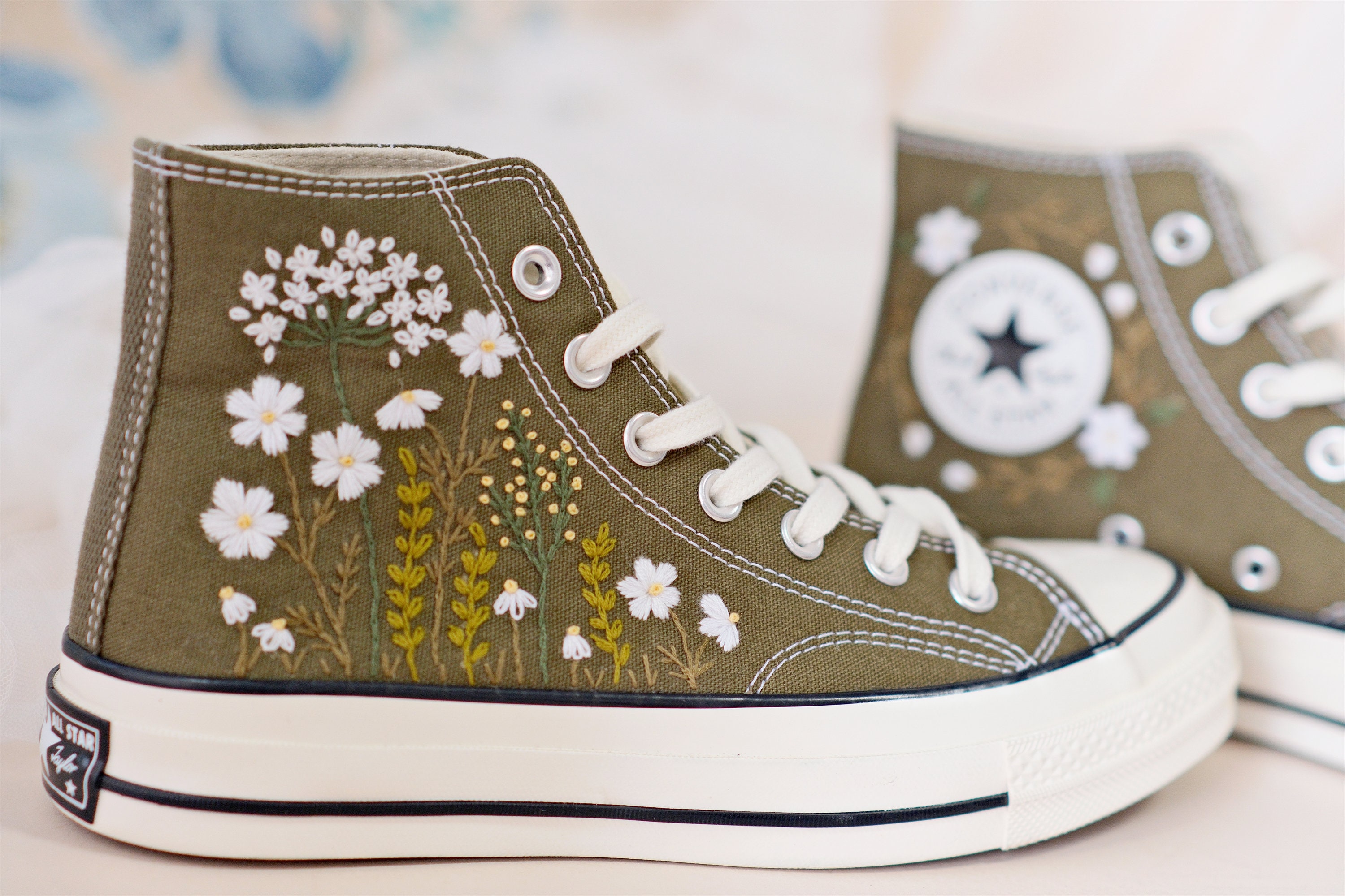 Custom Embroidered Converse High Tops, Olive Green Floral Wedding