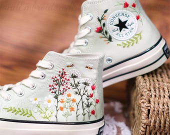 Embroidered Converse High Tops: Custom Floral Garden Wedding Shoes
