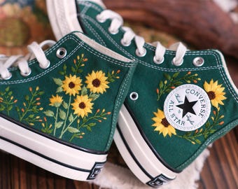 Sage Green Embroidered Converse Shoes, Sunflower Bouquet, Custom Wedding Gift